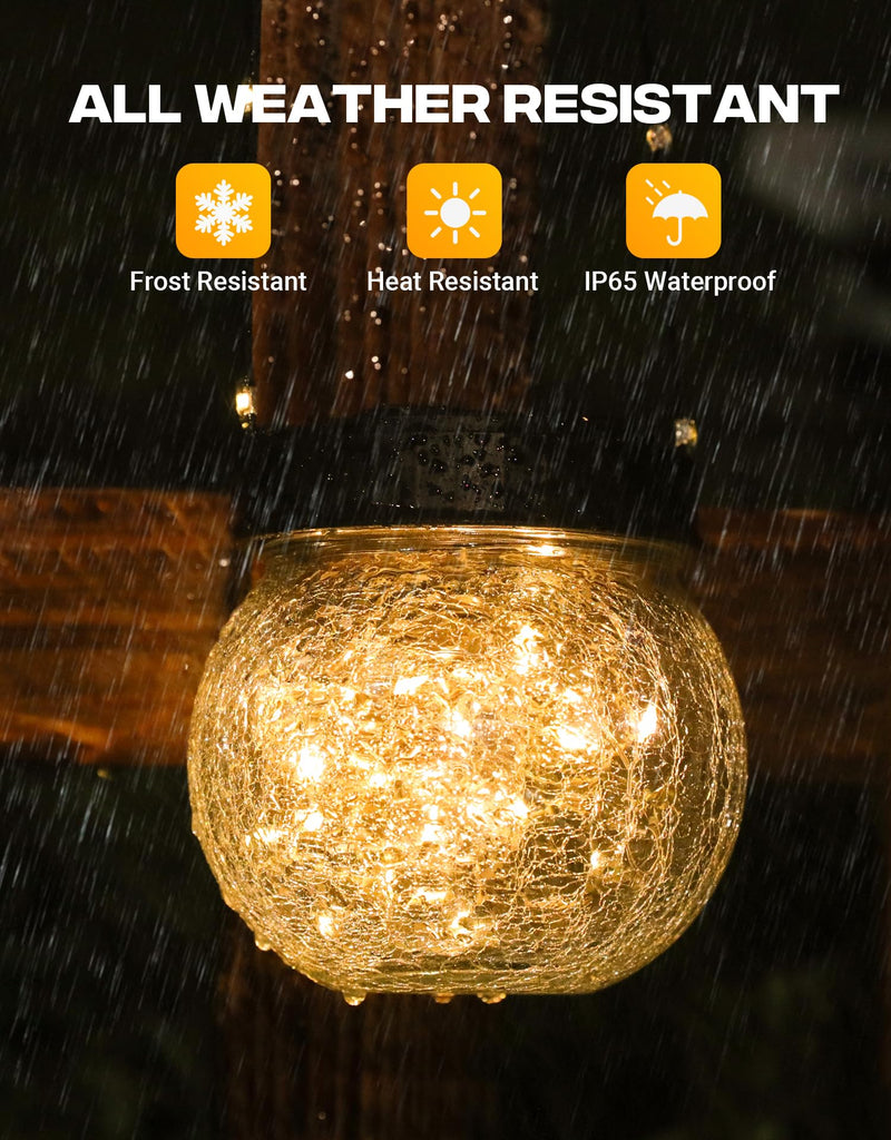 Lantern Solar Lights Outdoor Waterproof 2-Pack, Solar Powered Hanging Lights Cracked Glass Hanging Globes for