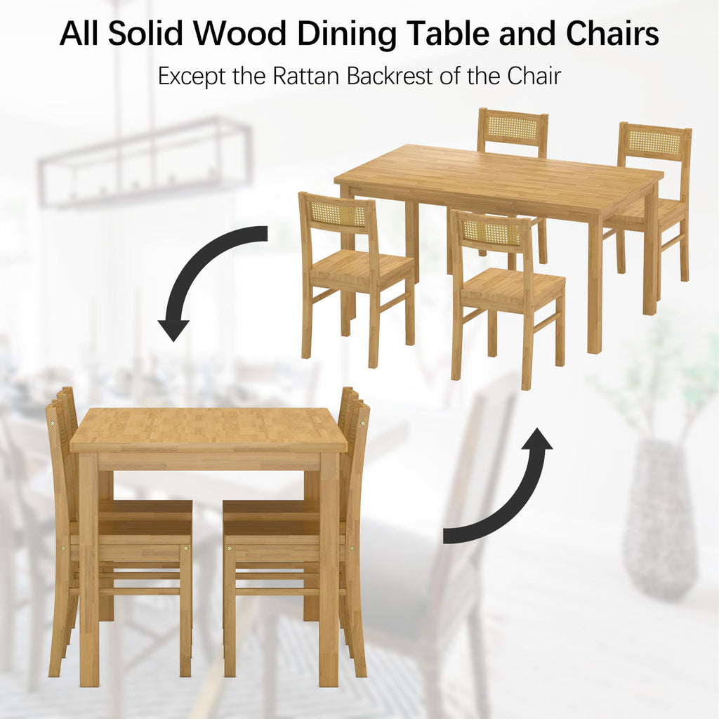 Solid Wood Dining Table Set for 4, 43.3" Dining Table with Chairs Set, Kitchen Dining Table Set with Woven Rattan