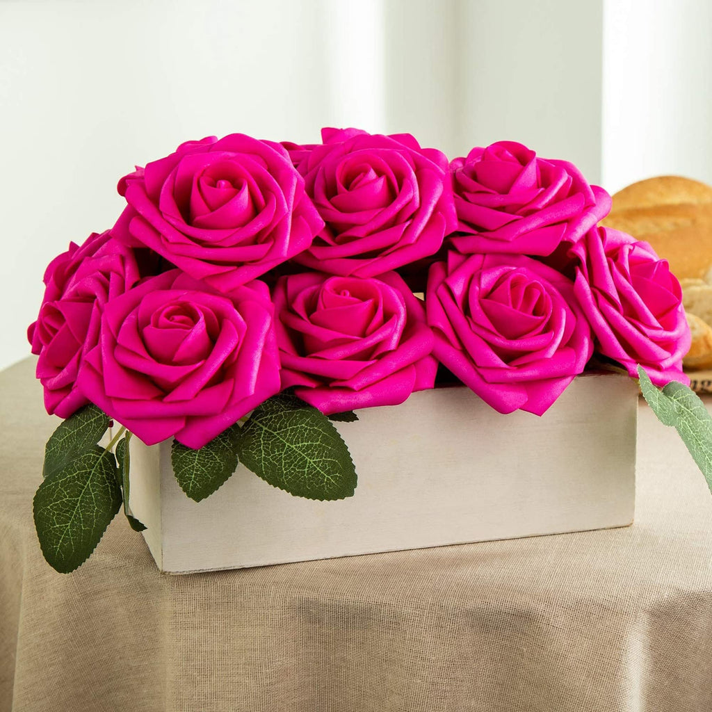 Artificial Flower Foam Hot Pink Rose 50pcs Real Looking Fake Rose with Stems Leaves Decoration Party Garden