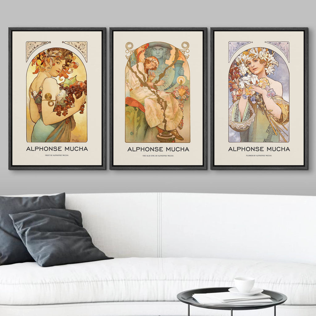 Framed Canvas Print Wall Art Set Alphonse Mucha Art Deco Flower Crown Women Nature People Illustrations Fine Art