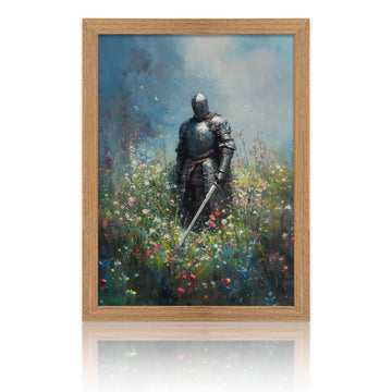 Framed Medieval Knight Wall Art, Wildflower Meadow Eclectic Wall Art, Knightcore Fantasy Framed Poster, Sword Vintage
