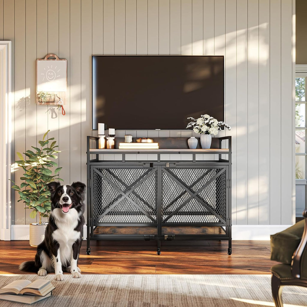 Dog Crate Furniture with Wheels, Brown