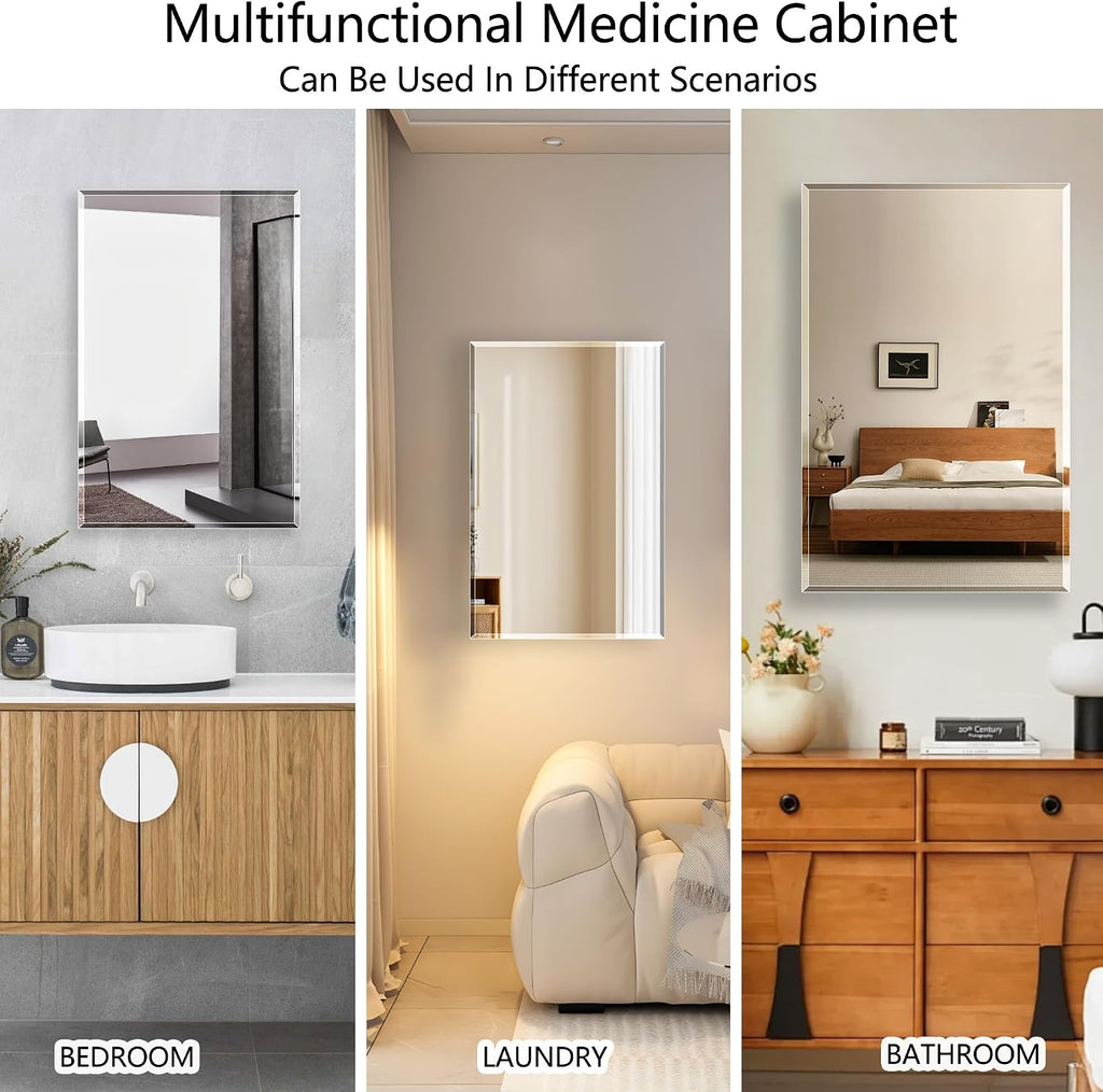 Bathroom Medicine Cabinet with 16x20 in Rectangular Beveled Frameless Mirror,Wall Mounted Mirror Cabinet Toilet
