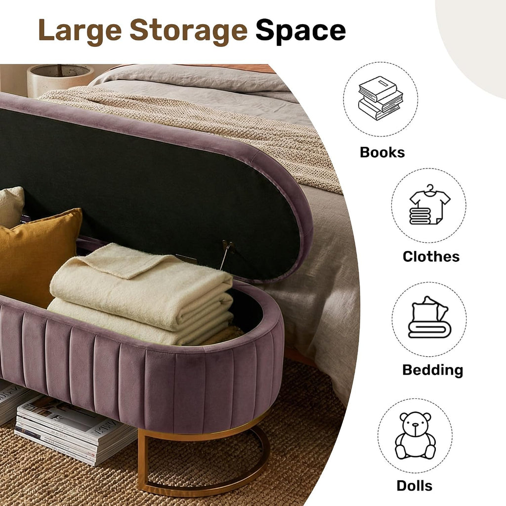 65" Velvet Storage Ottoman Bench End of Bed Entryway Purple | Velvet Large Storage Solid Wood with Metal Leg 300 lbs