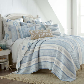 Ipanema Quilt Set - King/Cal King Quilt + Two King Pillow Shams - Coastal - Blue, Taupe and Cream - Quilt