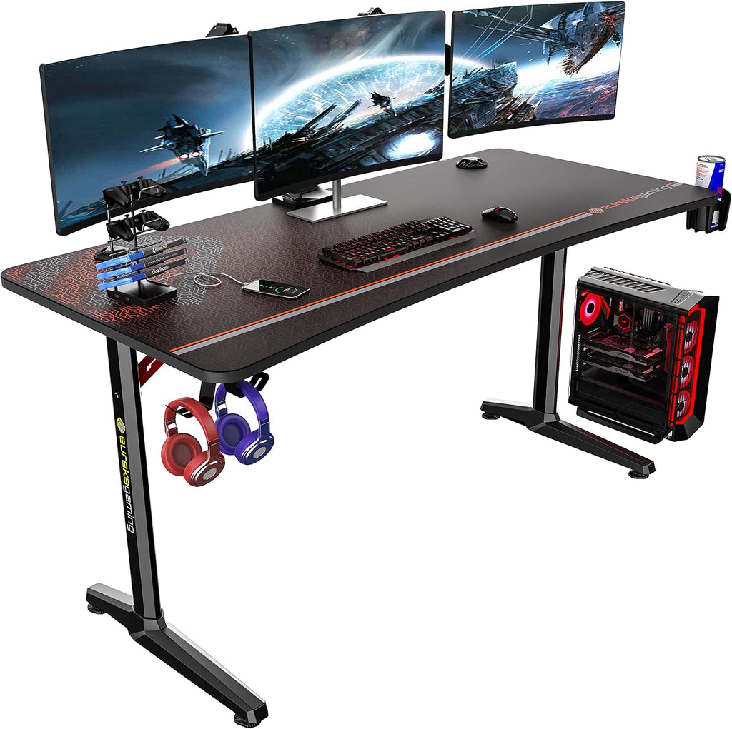 60 Inch Curved Gaming Desk with Large Adjustable Keyboard Tray