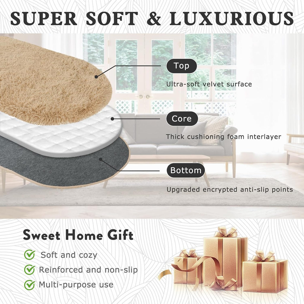 Soft Oval Beige Fluffy Rugs Washable Non-Slip, Set of 2