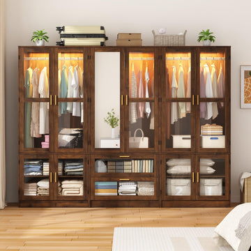 6 Doors Armoire Wardrobe Closet with Sensor LED Light and Mirror