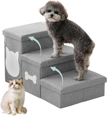3-Step Dog Stairs for Small Dogs, Folding Dog Steps for Bed, Grey