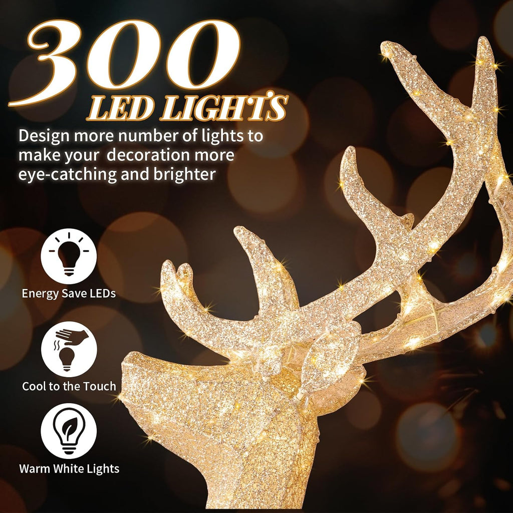 3-Piece Lighted Golden Christmas Reindeer Family Set, 5FT White Buck Doe Fawn Outdoor Decorations, Weatherproof Deer