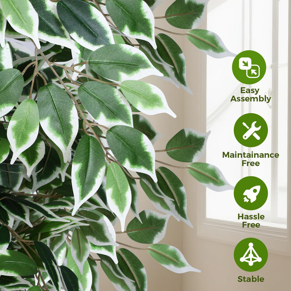 Artificial Ficus Tree-7FT Faux Tree with Natural Curved Trunks and White Pot, Lush Fake Silk Tree Artificial Plants