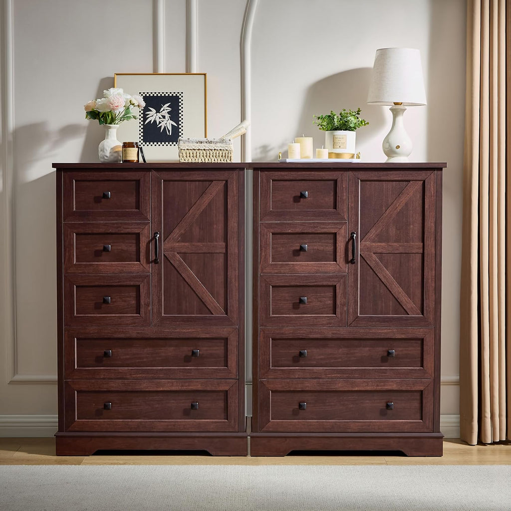 Dresser , Farmhouse Dresser with 5 Wooden Drawers and Storage Cabinet, 48 Inches Tall Chest of Drawers , Dark Cherry