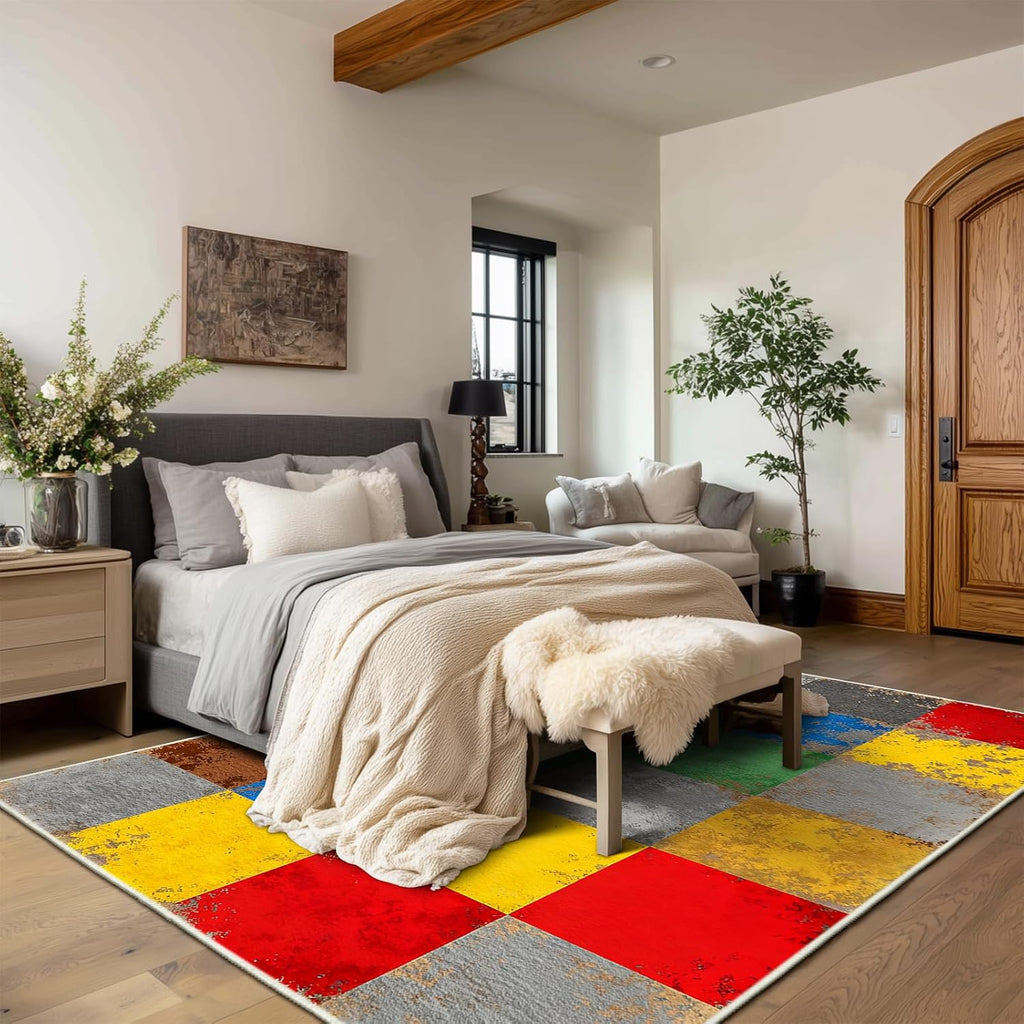 Colorful Retro Checkered Rug Non Slip Geometric Area Rug