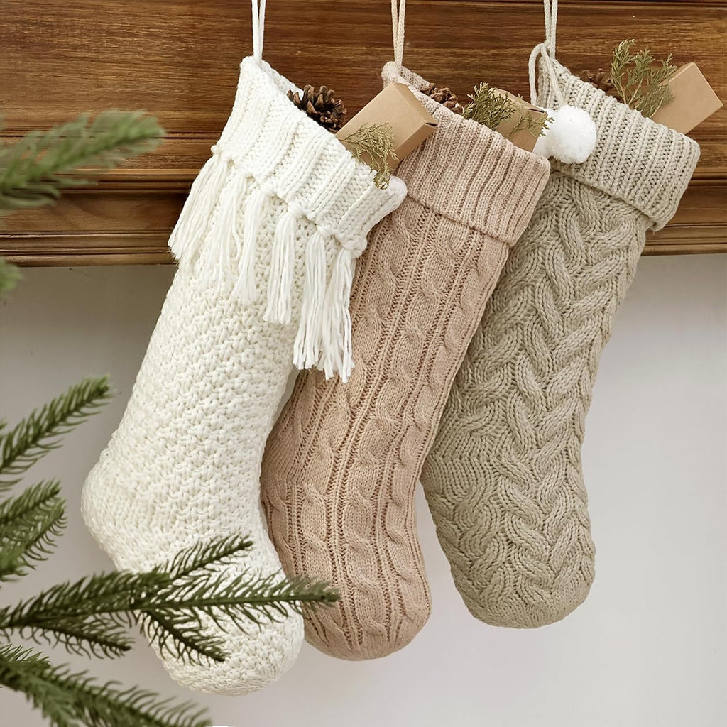 Farmhouse Personalized Knitted Christmas Stockings, 3 Packs 18 inche Knit Christmas Stockings, Rustic Farmhouse Boho
