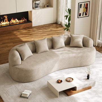 Modern Curved Couch, Oversized 4 Seater Boneless Chenille, Light Brown