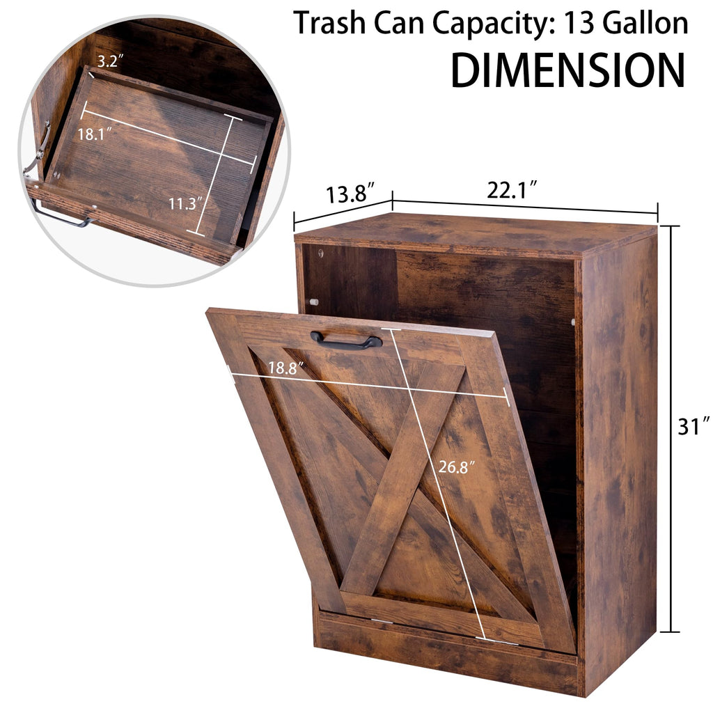 13 Gallons Tilt Out Trash Can Cabinet, Wooden Free Standing Kichen Waste Bin Recycling Cabinet Hidden Trash Cabinet