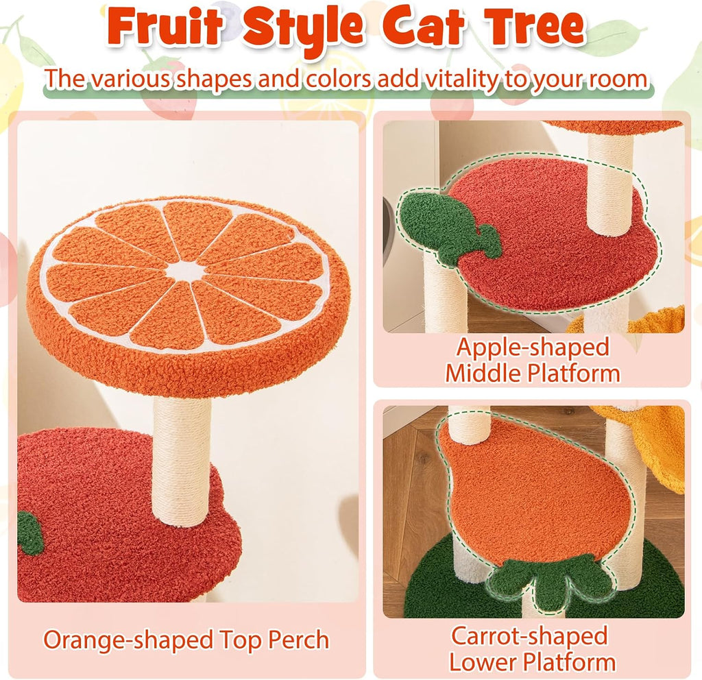 Fruit Cat Tree, Multi-Level Cute Cat Tower with Sisal Scratching Posts, Padded Top Perch, Rotatable Basket, Apple &