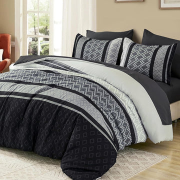 Cottolester Boho Comforter Set,Black Gray Striped Bed in a Bag,Fall Plaid Comforter and Sheet Set,Soft Microfiber