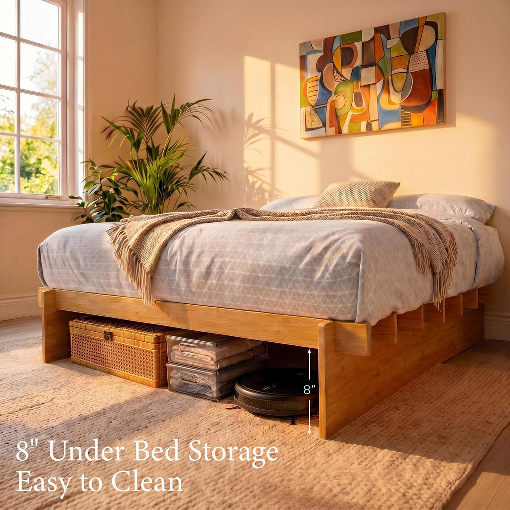 Wood Platform Bed Frame, Tool-Free Japanese Joinery, Natural