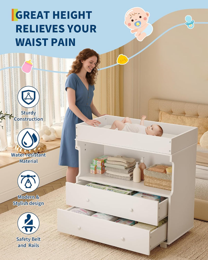 Baby Changing Table with Drawer and Storage Shelves | Heavy Duty Diaper Station, White Wooden Changing Table with