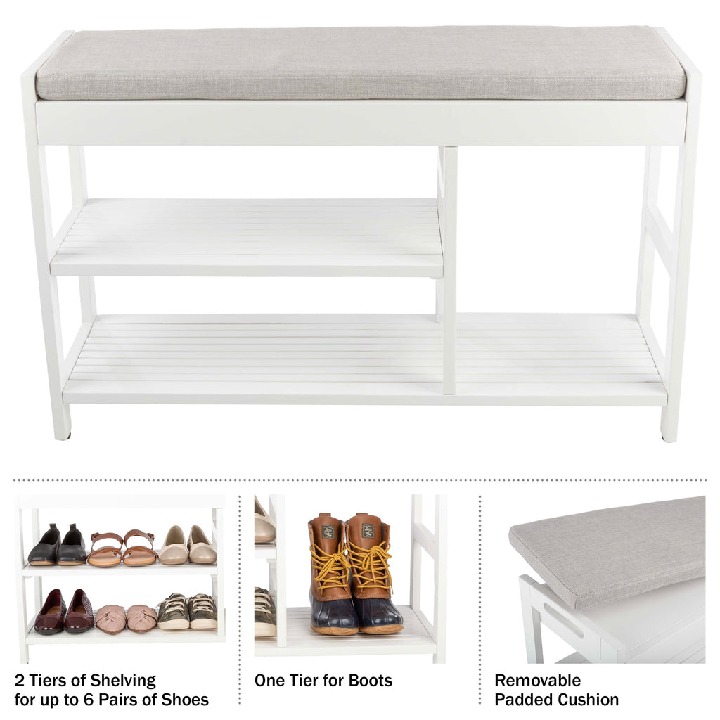 Shoe Bench - 3-Tier Wooden Shoe Rack, Mudroom, or Bedroom - Entryway Shoe Storage with Padded Seat Cushion (White)