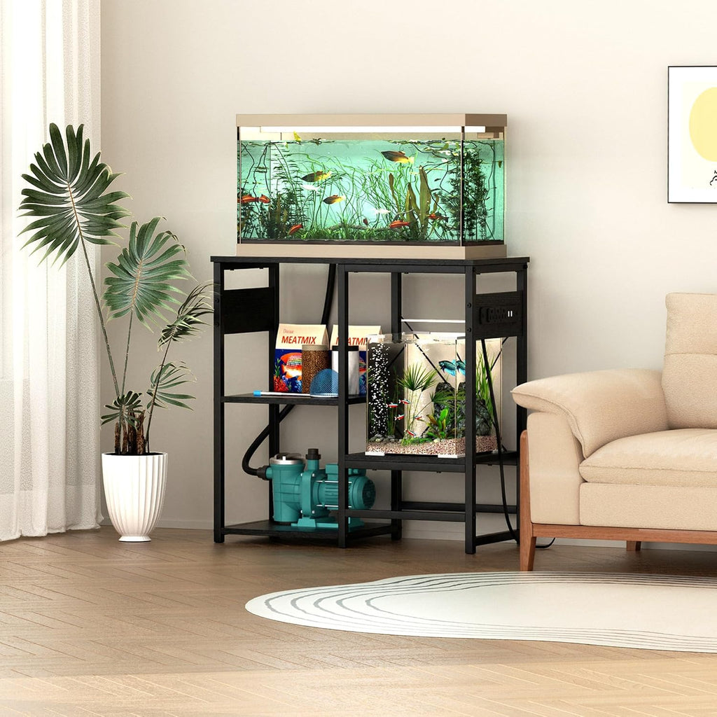 20-30 Gallon Fish Tank Stand with Power Outlets, 4 Tier Metal Aquarium Stand with Wood Storage Shelves, 30.7" L x