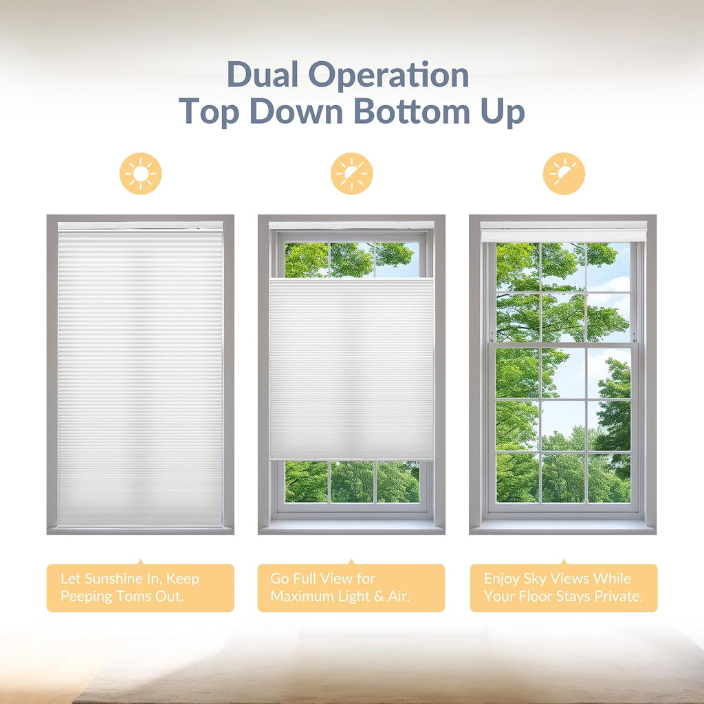 Top Down Bottom Up Cordless Cellular Shades,White, | Pull Down Honeycomb Blinds with Room Darkening Design, Light