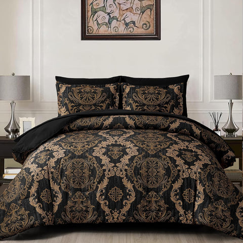 Black Comforter Set Queen, Gold Damask Texture 7 Pieces Bed in a Bag Microfiber Comforter Bedding Sets -1 Comforter