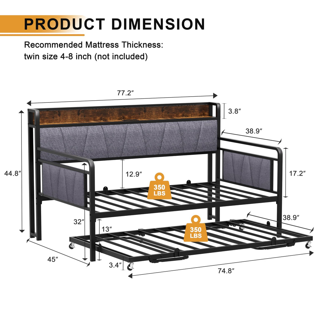 Twin Daybed with Trundle, Modern Twin Size Sofa Day Bed, Sturdy Metal Bed Frame with Upholstered Headboard, Studio