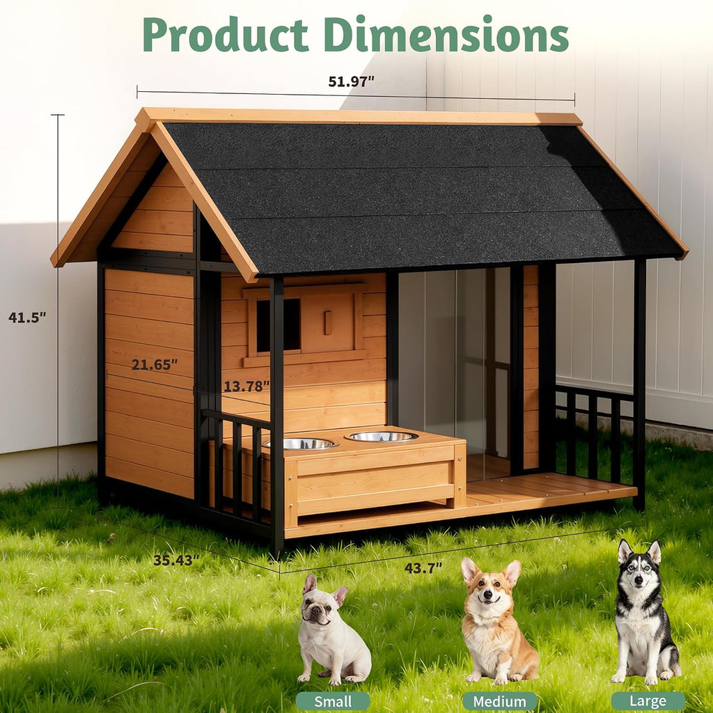 Large Outdoor Dog House with Porch & Dog Bowls for Large Dogs