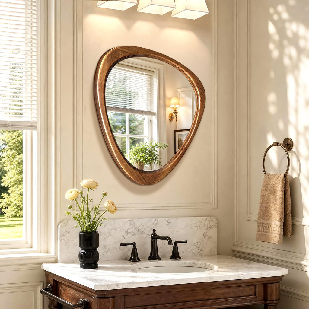 24" x 19" Asymmetrical Mirror, Solid Wood Frame, Irregular Design