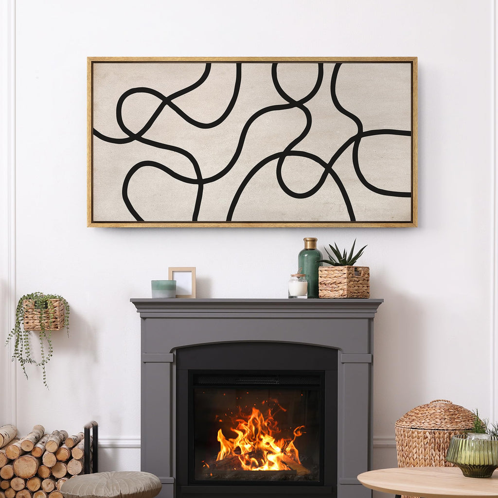 Extra Large Framed Canvas Print Wall Art Black Abstract Lines on Beige Illustrations Modern Art Calm Warm - 60"x30"