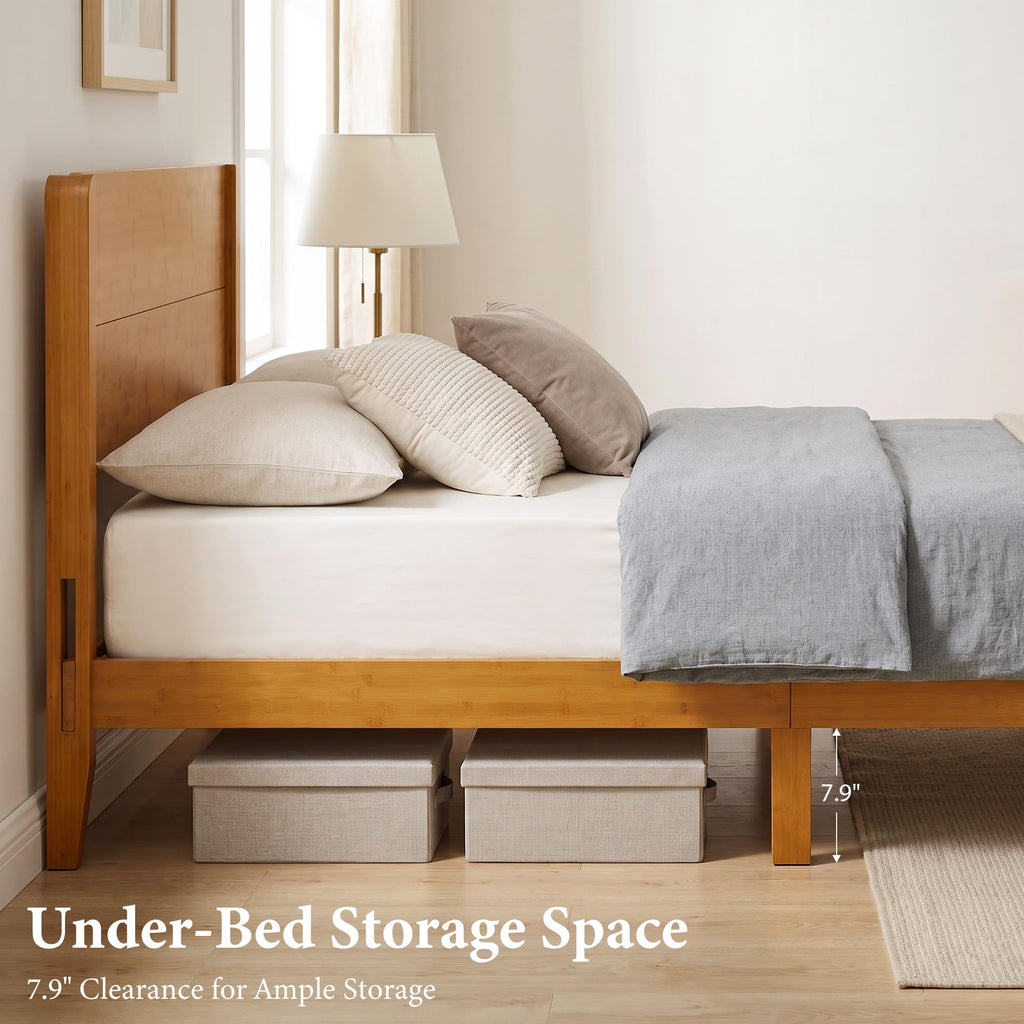 Solid Bamboo Queen Bed Frame with Headboard, Japanese Joinery