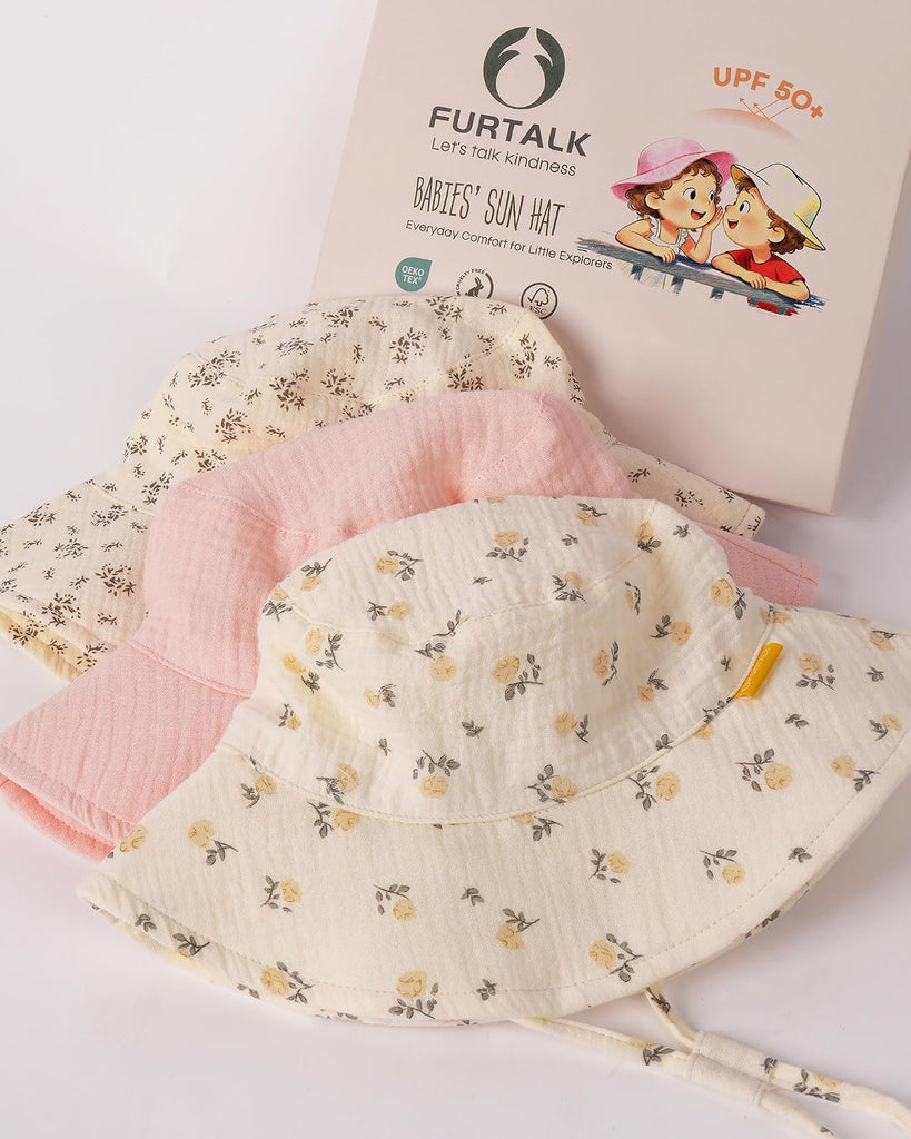 Baby Sun Hat Muslin Cotton Toddler Bucket Hat for Girls Boys Wide Brim UPF 50+ Summer Beach Hats