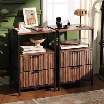 Nightstands Set of 2 with Fabric Drawers, Walnut Nightstand with Charging Station, Night Stands Fluted Bedside