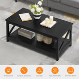 Wood 2-Tier Black Coffee Table with Storage Shelf, X Design Accent Cocktail Table, Easy Assembly Home Furniture