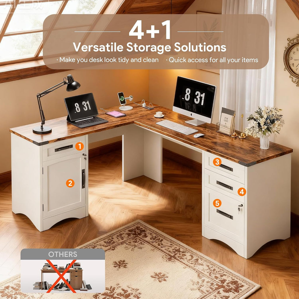 67" Farmhouse L Shaped Standing Desk with Drawers Home Office Executive Desks with Fast Charging Station, Lockable
