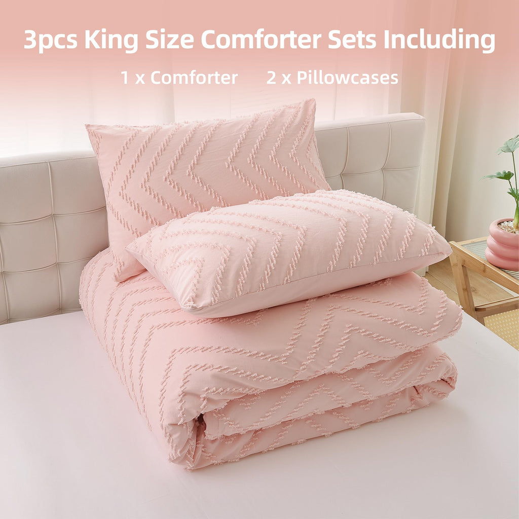 King Size Comforter 3Pcs, Blush Pink Boho Chevron Bedding Sets