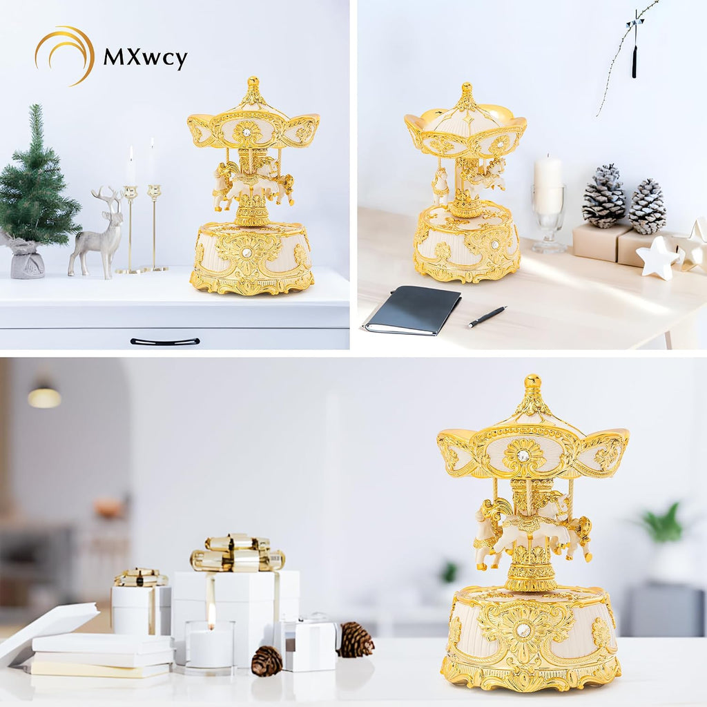 6.2" Horse Carousel Music Box, Vintage Rotating Merry Go Round with Wind Up Melody, Gold & Ivory Musical Carousel