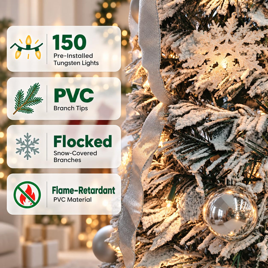 7ft Pop Up Artificial with Lights, Decorated Prelit Collapsible with 200 Warm White Lights, Pull Up White Snow