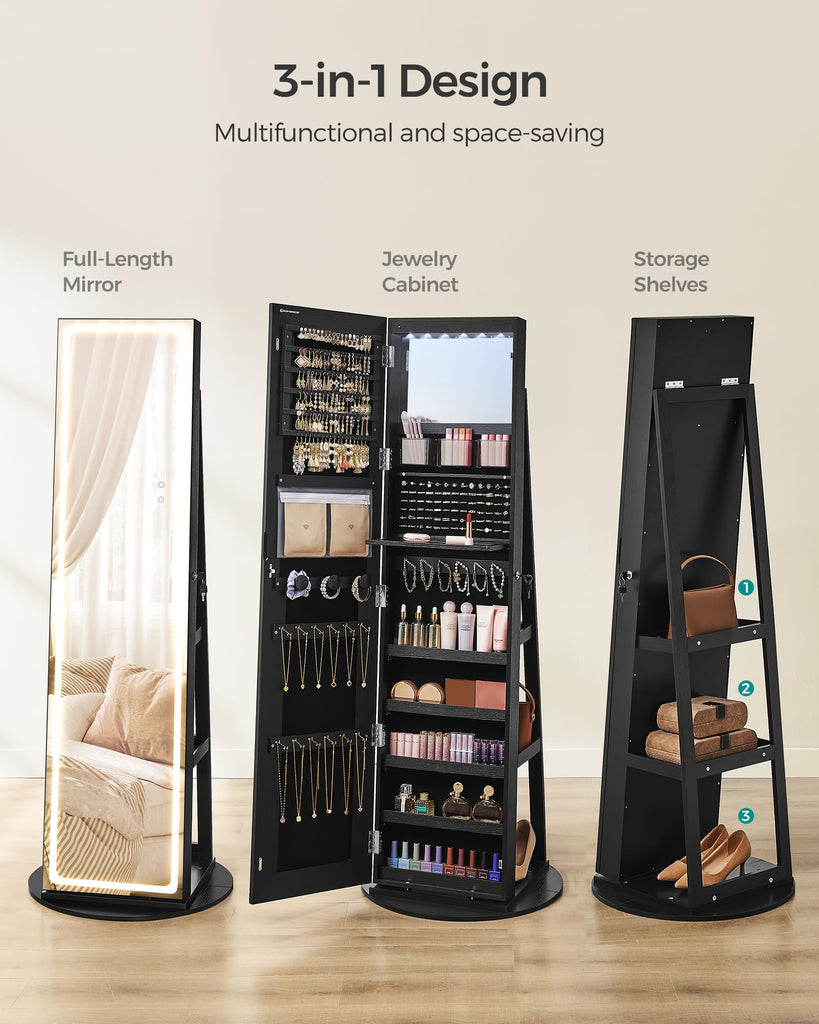LED Mirror Jewelry Cabinet Standing, Adjustable Lights, Lockable