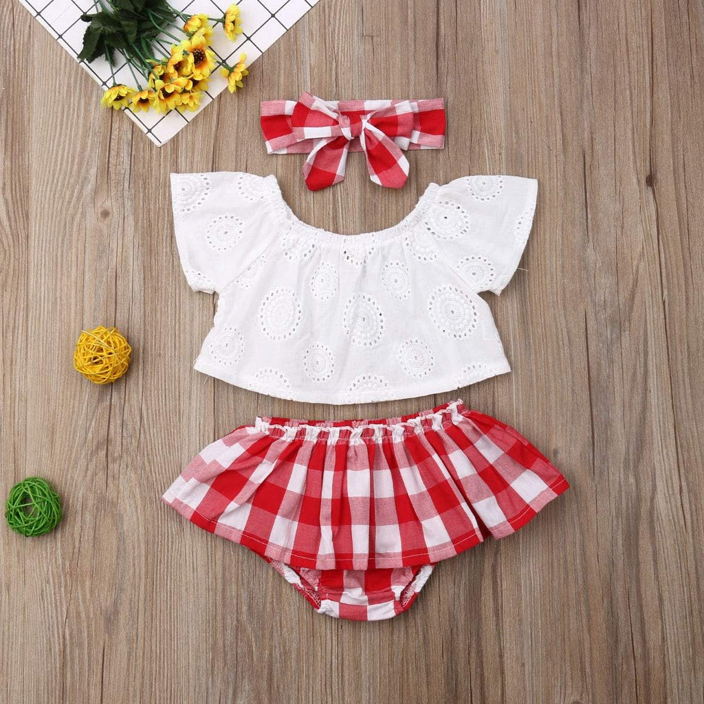 Baby Girl Cold Shoulder Lace Crops Top + Plaid Skirts Bloomers + Headband