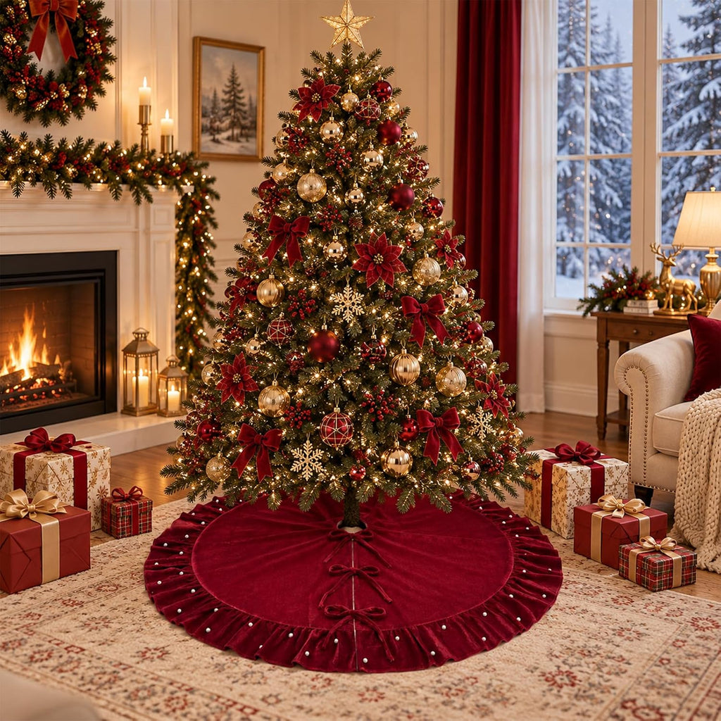 Christmas Velvet Tree Skirt 60 Inch, Wine Red Burgundy Xmas Tree Skirt with Pearl Beaded Ruffle Trim and 3 Bow Ties