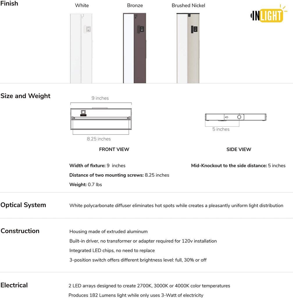 9-inch 3 Color Levels LED Under Cabinet Lighting, Hardwired or Plugged-in, Selectable 2700K/3000K/4000K, Dimmable