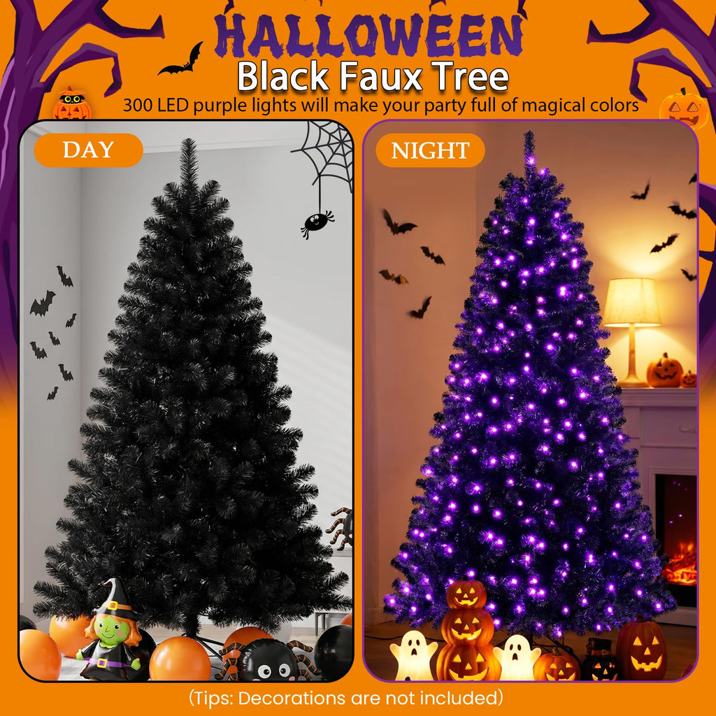 6FT Black Christmas Tree Prelit - Artificial Halloween Tree with 300 LED Purple Lights & 810 PVC Branch Tips, Holiday