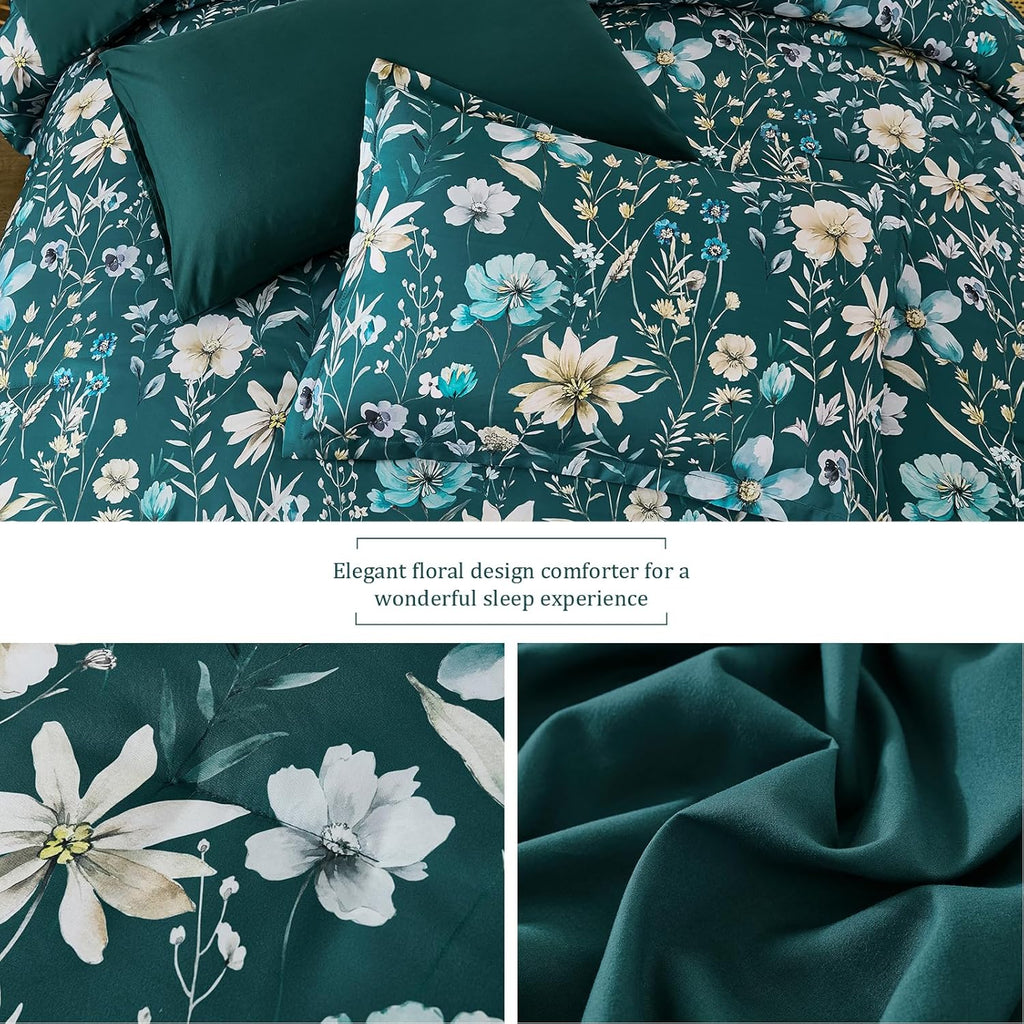 Luxudecor Queen Floral Comforter Set 7 Pieces,Teal Floral Comforter with Sheet Set,Flowers Leaves Pattern Bed in a