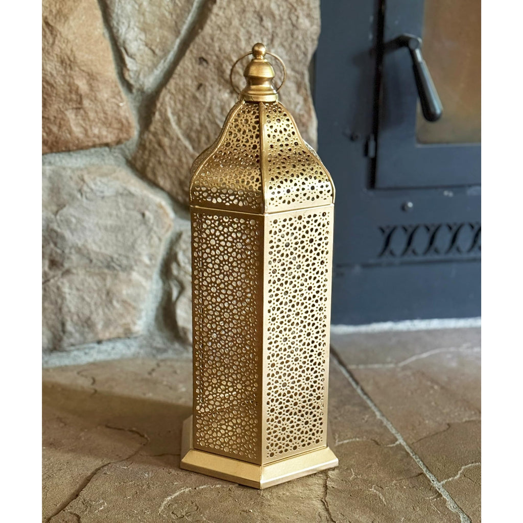 16" Champagne Gold Moroccan Decorative Candle Lantern - Metal Hexagon Lantern for Table or Hanging, Ramadan Turkish