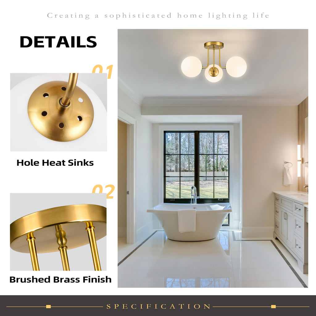 3-Light Semi Flush Mount Ceiling Light Globe Ceiling Light Mid Century Ceiling Light with Opal Milk Glass Globe &