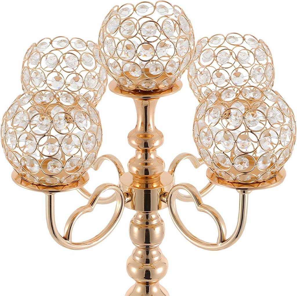 2 Pcs 5 Arms Candelabra Centerpieces with Crystal Pendant, 21.5 inch Tall Crystal Candle Holder Branch Shaped Wax
