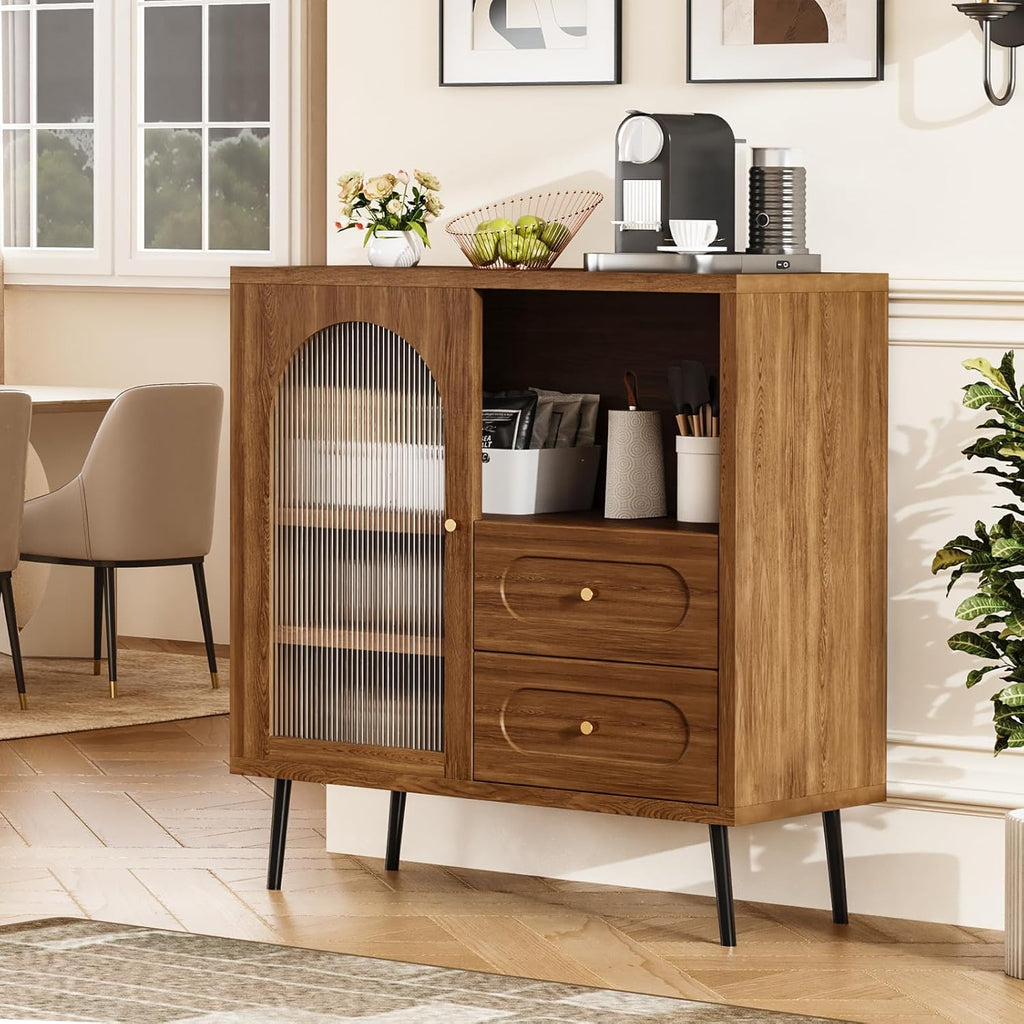 Wood Sideboard Cabinet - Slim Buffet Cabinet with Storage & Drawers | Modern Coffee Bar Cabinet, Small Narrow Accent